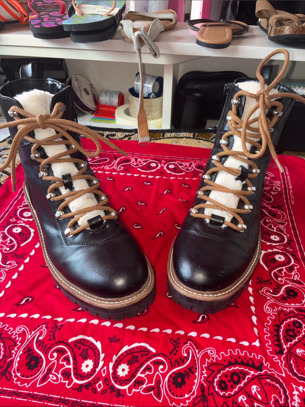 a new day Black Leather Faux-Fur Lined Lace-Up Winter Boots with Tan Laces
